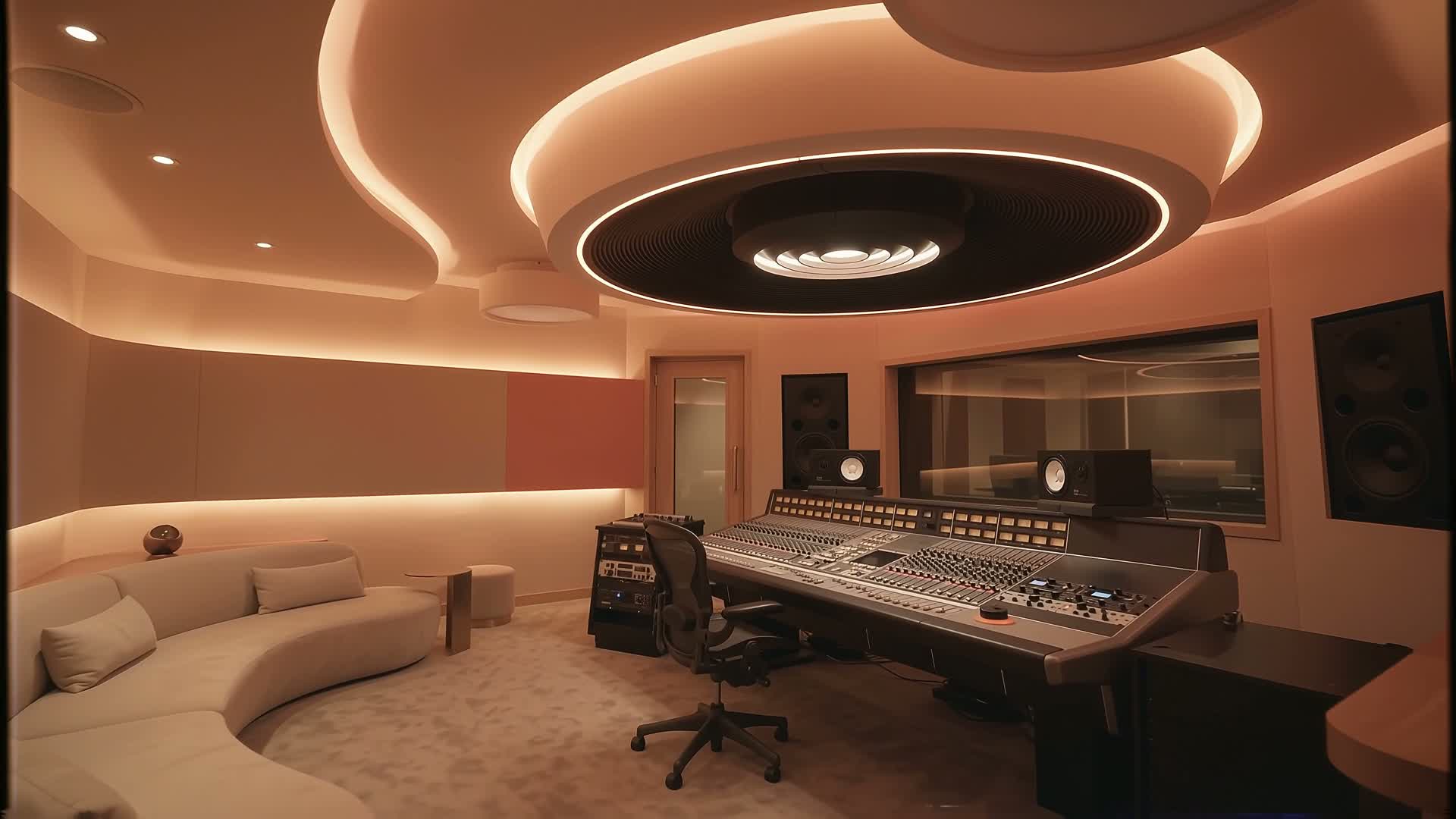 A modern recording studio with sculptural ceilings and warm lighting